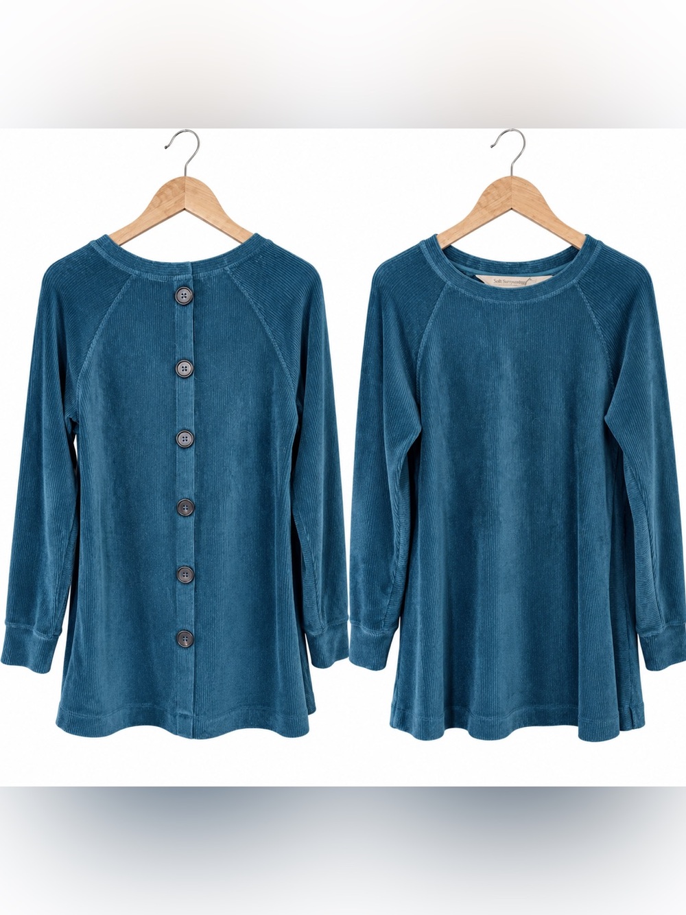 Soft Surroundings Ribbed Velour Tunic Size Small Teal Button Back Long Sleeve